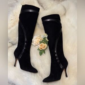 Black Suede Knee-High Stiletto Boots
